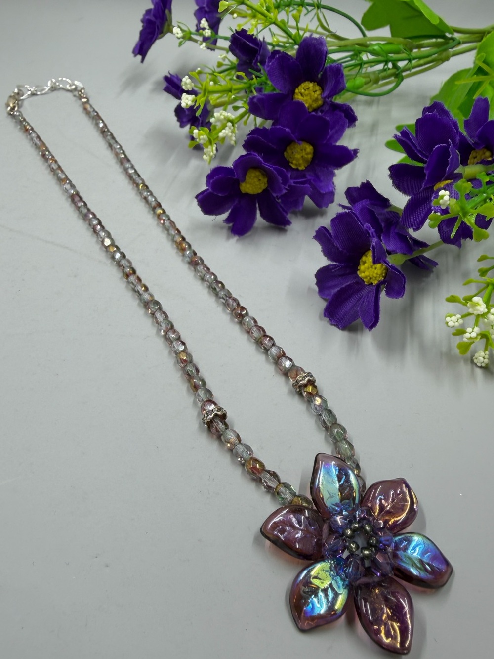 Genuine Crystal Vintage Aurora Borealis Flower Pendant Necklace